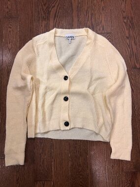 Ganni Cream Cropped V-Neck Button Cardigan